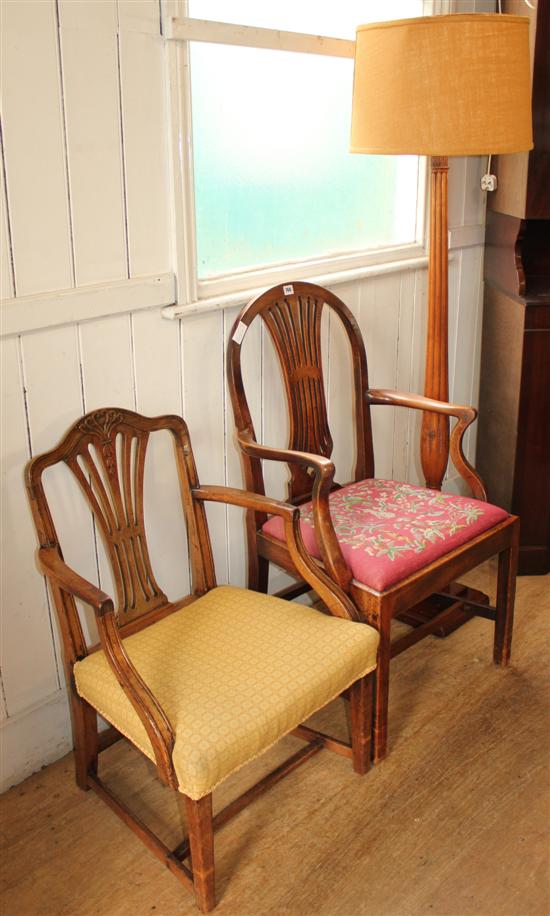 Mahogany bedpost lamp standard, a George III mahogany elbow chair, and a small George III mahogany elbow chair